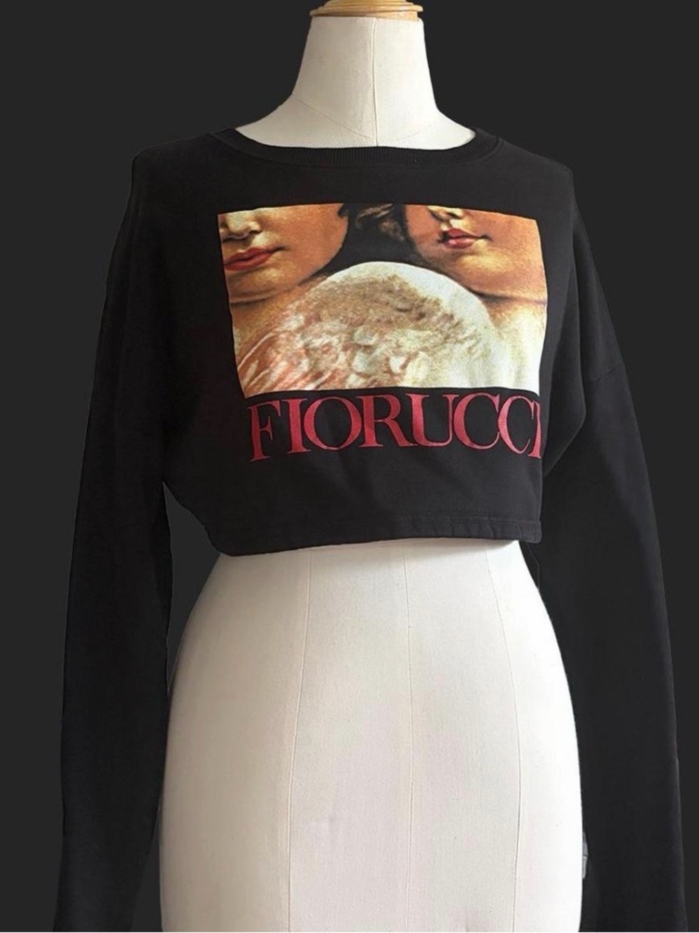 Fiorucci Black Cropped Graphic Long-Sleeve Top with Red Logo